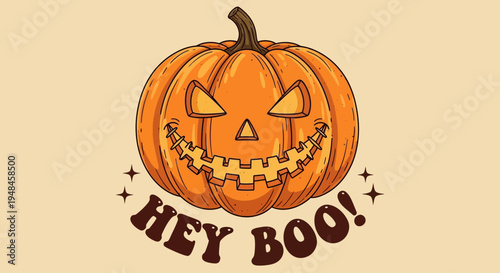 Vintage Halloween Pumpkin 'Hey Boo!' Illustration - Spooky Retro Autumn Vibes