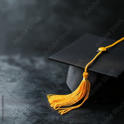 Graduation Cap With Yellow Tassel Placed on Dark Background at a Celebration ...