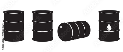 Set of 4 Black Oil Barrel Icons Vector Illustration with Petroleum Drop Symbol for Energy Industry and Fuel Storage