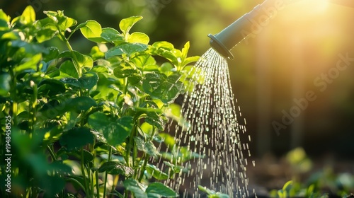 Gardener Waters Young Plants in Sunlight During Morning at a Garden