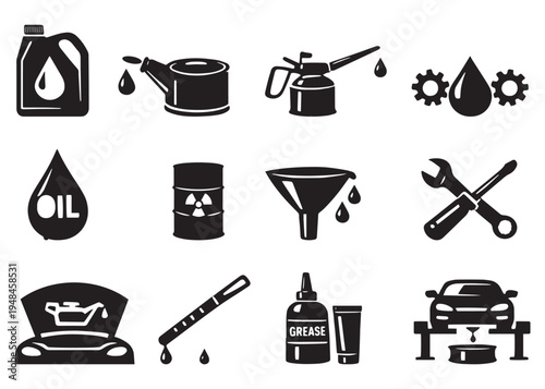 Set of 12 Black and White Car Maintenance and Automotive Service Icons Vector, featuring oil cans, grease, tools, and a car lift for garage and repair shop designs