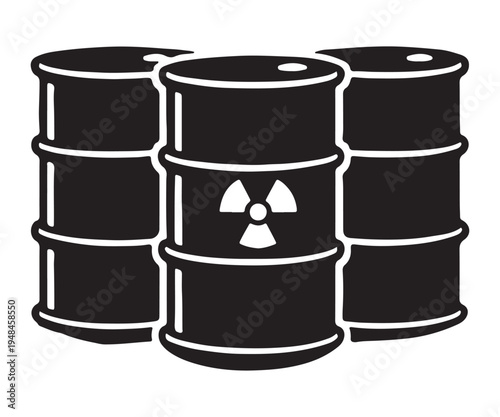 Black and white vector illustration of three industrial barrels, with one featuring a prominent white radioactive hazard symbol, ideal for safety, warning, or environmental themes.