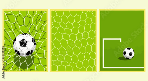 Engaging Set of Modern Soccer Game Illustrations with Football in Goal Net, Dynamic Green Patterns, and Ball on Pitch Near White Lines, Capturing Sportive Energy