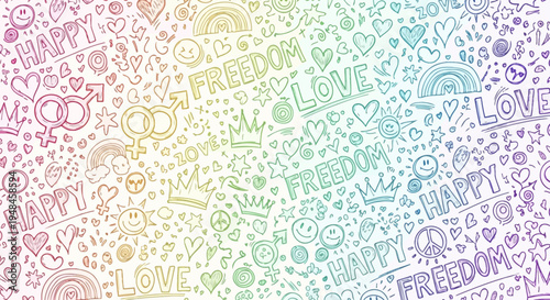 Joyful and vibrant rainbow gradient background featuring positive hand-drawn doodles of love, freedom, and happiness symbols, celebrating diversity and positive emotions