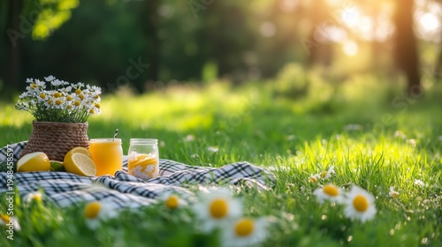 Sunshine in the Park With a Picnic of Lemonade and Flowers on a Blanket on a ...