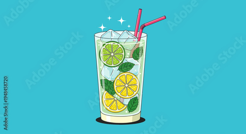 Refreshing hand-drawn summer cocktail illustration with vibrant lime, lemon, mint, and sparkling ice, perfect for menus, advertisements, or beverage designs