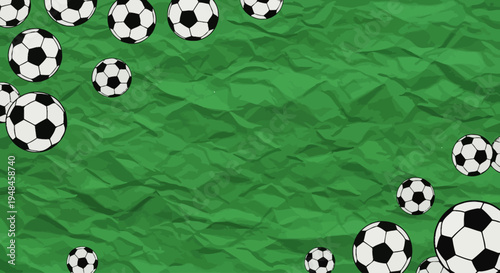Lively background featuring classic black and white soccer balls playfully scattered across a crumpled green texture, ideal for sports event promotions or dynamic design