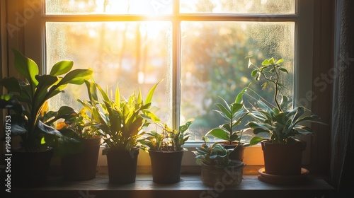 Light Shines Through Window Onto Green Plants and Pots in a Quiet Indoor Spac...