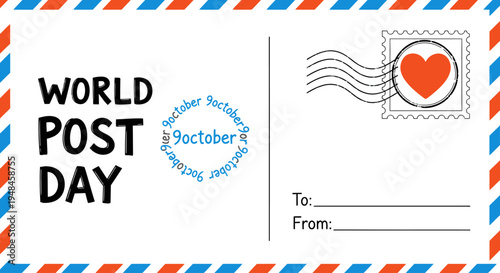 Commemorate Global Postal Service Day with this vibrant illustration of a classic postcard, featuring a heart-stamped mail symbol and October 9th date