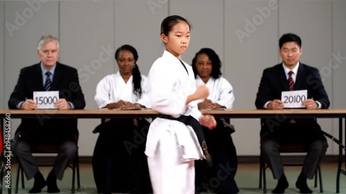 Karate Kid Demonstrates Skills Before Judges in Competition.