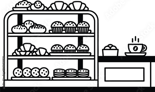 Bakery shelf with pastries and coffee