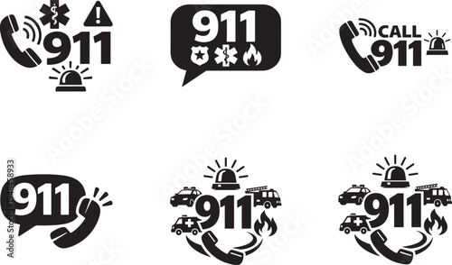 911 emergency call number and chat bubble icon set. Clean vector hotline symbol for web, app UI.