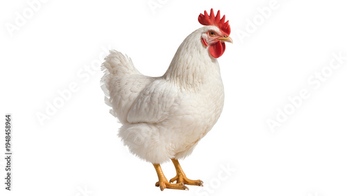 A white domestic chicken with a vibrant red comb and wattle, standing gracefully, isolated PNG, ideal for farm and poultry related projects
