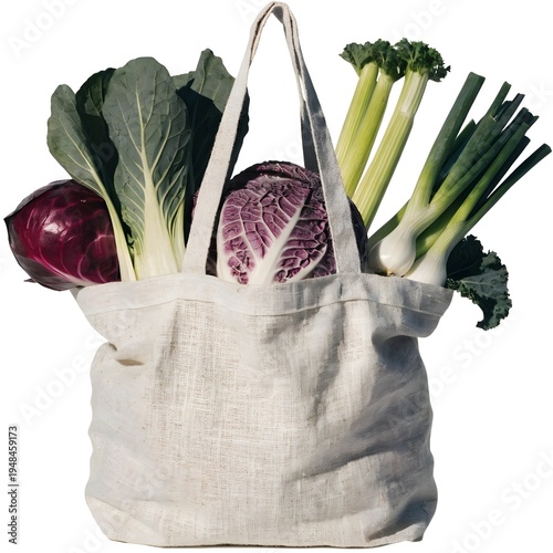 Reusable Cloth Shopping Bag with Fresh Vegetables Eco Friendly Lifestyle Isolated on White Background