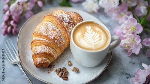 Enjoying Coffee and Croissant With Flowers on a Blue Table During Morning Hours