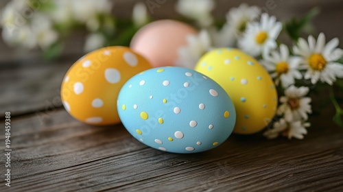 Colorful Easter Eggs Sit on Wooden Table With Flowers in Spring Sunlight