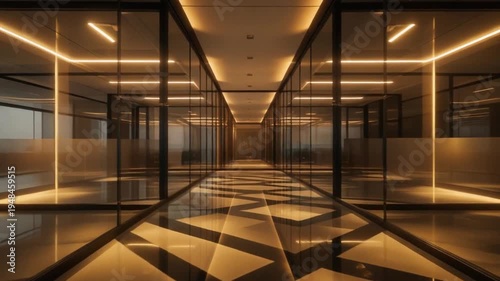 Modern office interior with glass walls and illuminated ceiling, people walking in background, corporate environment ambiance