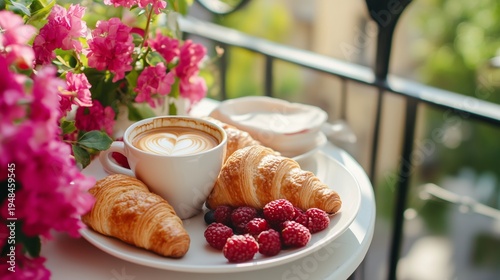 Morning Coffee and Croissants With Fresh Raspberries on a Balcony Surrounded ...