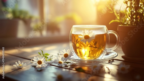 Warm Cup of Tea Placed on Table With Flowers Near a Window During Afternoon L...