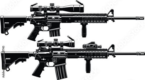Black and white vector illustration of professional tactical assault rifles with sniper scopes, bipods, and modern combat accessories on white background.
