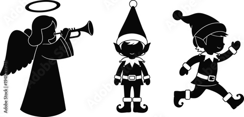 Black Christmas silhouettes of angel with trumpet and cute festive elves wearing pointed hats and curly boots for holiday winter designs
