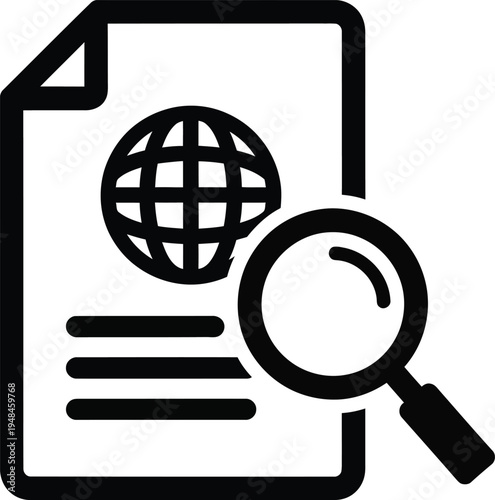 search document icon, magnifying glass on a paper with a globe