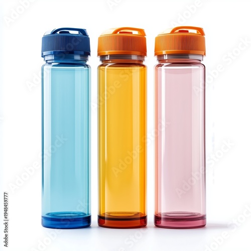 Bright Colored Plastic Water Bottles Lined up on a White Background for Hydra...