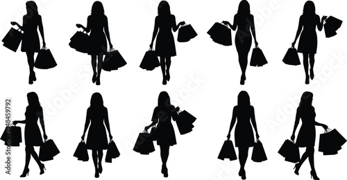 Black silhouette set of elegant women walking and carrying multiple shopping bags after a successful retail sale on white background