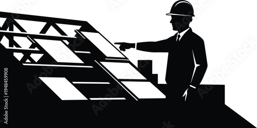 Construction worker silhouette climbing stairs to building site in hard hat