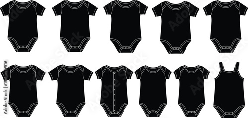 Set of baby bodysuit silhouette flat sketches, infant onesie technical drawings, newborn apparel CAD vector templates, baby romper fashion design mockups.