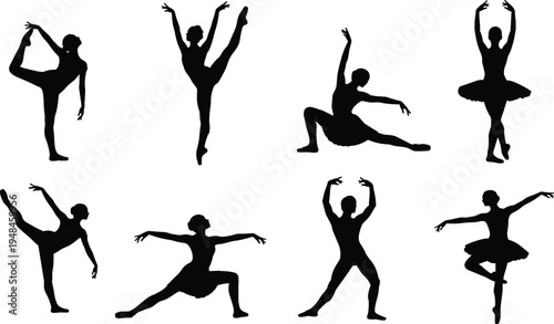 Set of graceful ballet dancer silhouettes performing elegant poses and classical dance movements isolated on a clean white background for design.