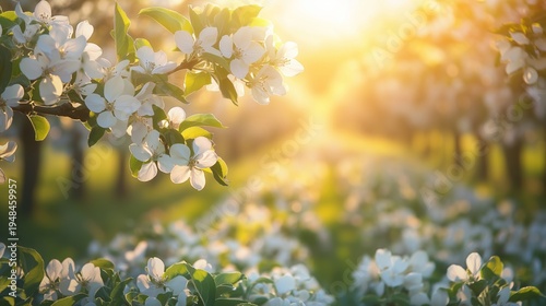 Flowers Bloom in Orchard During Sunset Near Trees With Soft Light Shining