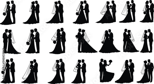 Set of elegant wedding couple silhouettes in various romantic poses, bride and groom black vector illustrations isolated on white background