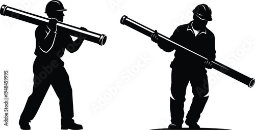Construction worker silhouette carrying heavy pipe industrial laborer profile