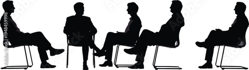 Silhouette of professional businessmen sitting in chairs during a corporate meeting, discussion, group interview, or seminar on white background.