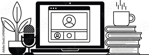 online meeting, laptop with video conference on screen