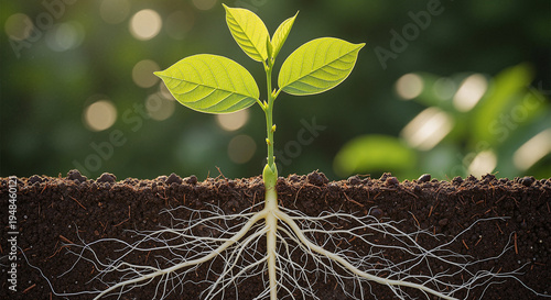 Green seedling with exposed roots growing in soil cross-section.