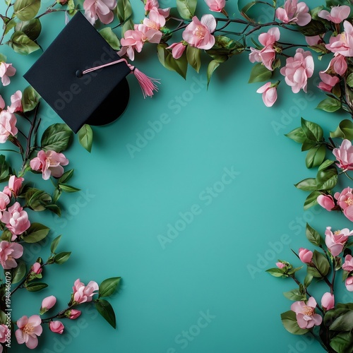 Graduation Cap With Flowers on a Teal Background for Celebration and Achievement