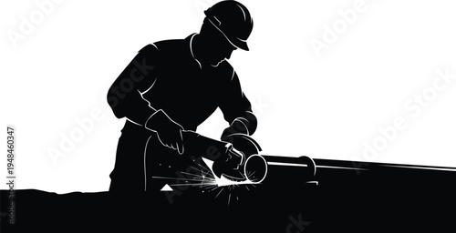 Construction worker silhouette welding on site