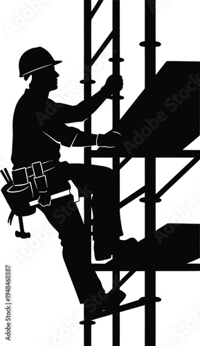 Construction worker silhouette climbing scaffold for building project