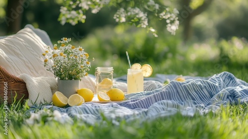 Sunshine in the Park With a Picnic of Lemonade and Flowers on a Blanket on a Summer Afternoon