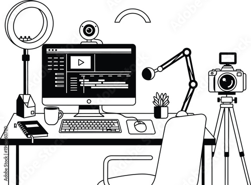 home office setup with computer and video recording equipment