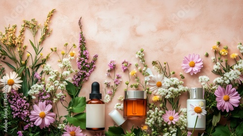 Products and Flowers Arranged on a Pink Background for Skincare Display