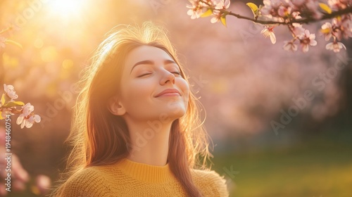 Young Woman Enjoys Spring Flowers While Standing in a Garden During Sunset Hours