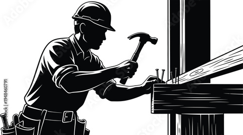 Construction worker silhouette hammering nails into wooden beam