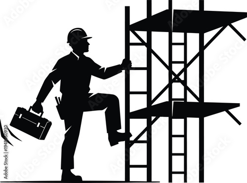 Construction worker silhouette climbing scaffold with toolbox
