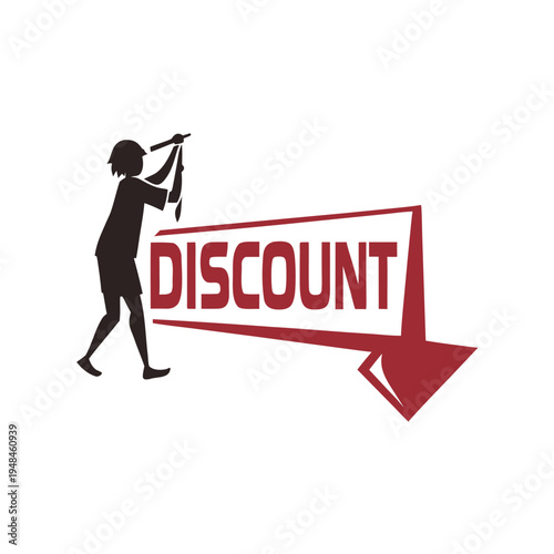 Silhouette of woman hammering discount sign with arrow
