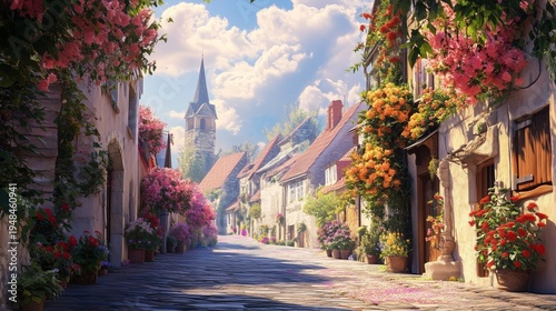 Flowers and Buildings Line a Narrow Street in a Small Village During a Sunny Day
