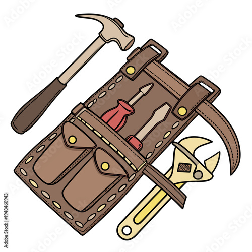 Brown leather tool bag with hammer, axe, and tools
