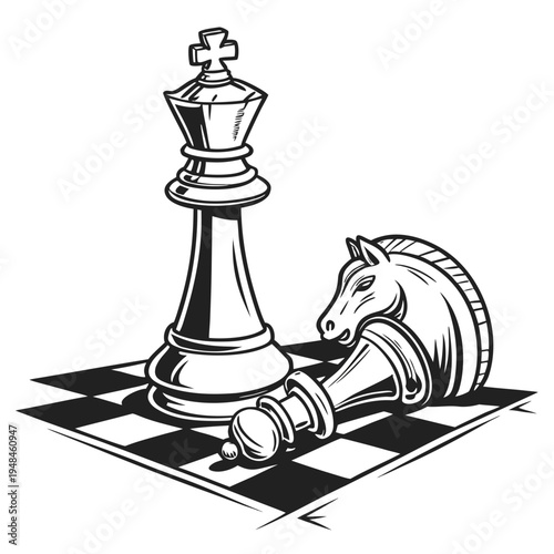 Chess pieces on a board with a king and knight